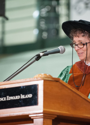 Dr. Elizabeth Epperly addresses graduates at UPEI's afternoon Convocation ceremony in 2017 after having been awarded an honorary degree from the University. Dt. Elizabeth Epperly