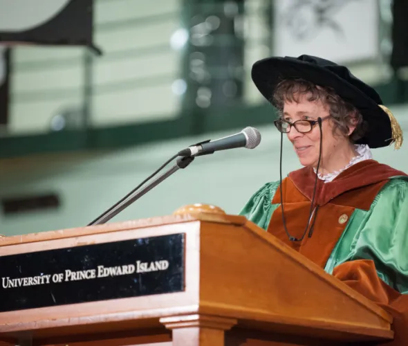 Dr. Elizabeth Epperly addresses graduates at UPEI's afternoon Convocation ceremony in 2017 after having been awarded an honorary degree from the University. Dt. Elizabeth Epperly