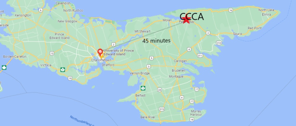 map of eastern PEI showing a 45-minute drive from charlottetown to st. peter's bay