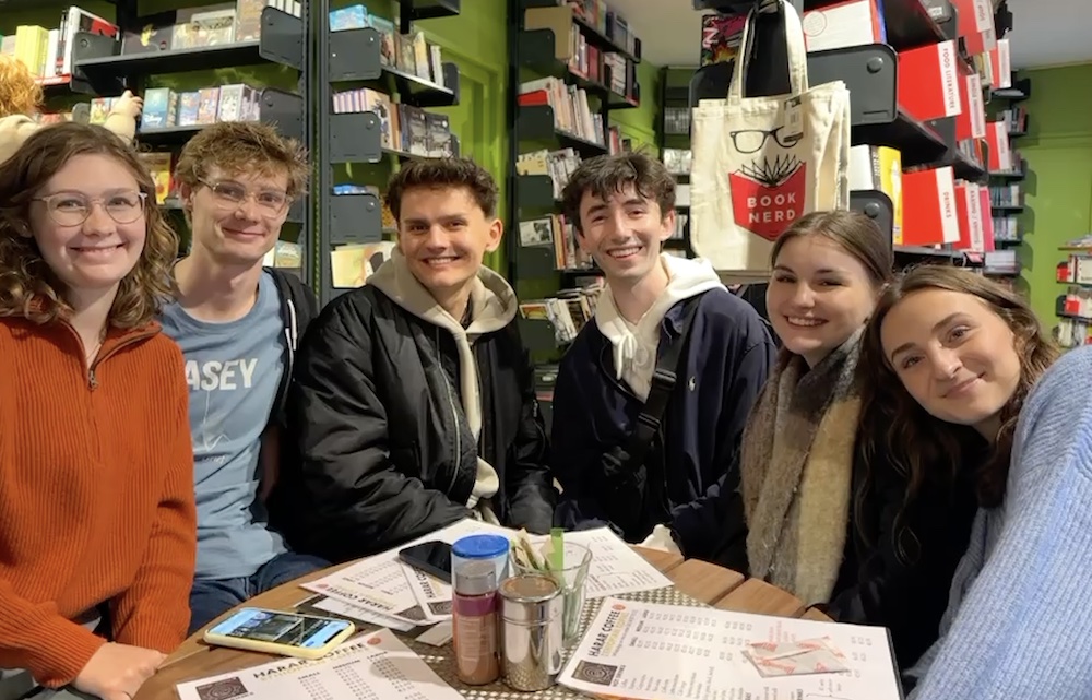 UPEI student Peter and a group of friends in a Brussels cafe
