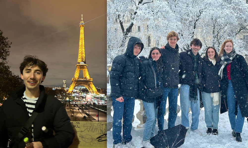 two photos of UPEI student Peter; first in Paris with the Eiffel Tower at night, second Peter and a group of friends outdoors in snow