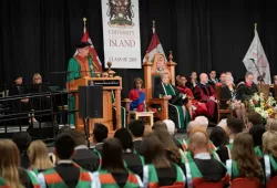 Dr. Albert Fogarty, one of three honorary degree recipients in 2019, addresses graduates during UPEI's Saturday morning Convocation ceremony last May. 