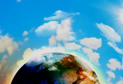 A stylized image of the Earth with clouds