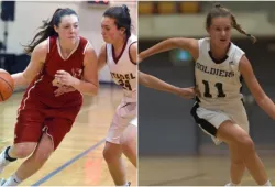 Two photos of female basketball players