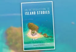 A book cover for An Introduction to Island Studies featuring an overhead photo of a small tropical island