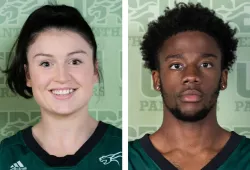 A female and a male athlete in UPEI Panthers uniforms