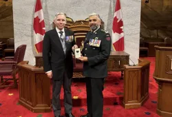 Dr. Christopher McCreery (left), Deputy Chancellor of the Order of St. John for the Priory of Canada and Vice-Chair of St. John Ambulance Canada presented Dr. Trevor Jain (right) with the Order of St. John on June 21 at the Senate of Canada Building, Ottawa.  Dr. Christopher McCreery (left), Deputy Chancellor of the Order of St. John for the Priory of Canada and Vice-Chair of St. John Ambulance Canada presented Dr. Trevor Jain (right) with the Order of St. John on June 21 at the Senate of Canada Building, Ottawa.