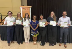 Dr. Marva Sweeney-Nixon (centre) with the winners of the 2025 UPEI Student Program for Research Engagement and Excellence (SPREE) poster competition: (left to right) undergraduate students Riley Arsenault, Abby Chapman, and Brenna Ing; graduate students Lauren Gaudet, Shelby Squires, and Atif Zahoor Winners of 2025 UPEI SPREE research poster competition
