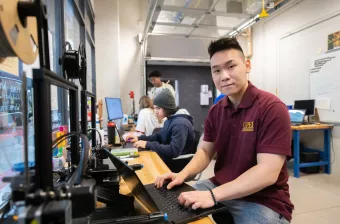 UPEI engineering student Yvan in the Faculty of Sustainable Design Engineering building lab