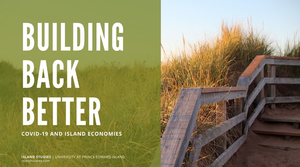An image of a weathered, wooden boardwalk laid across a sandy landscape with long beach grass with the words "Building Back Better" superimposed