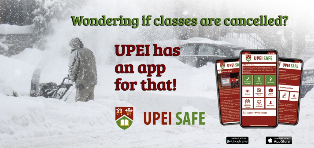 graphic for UPEI SAFE app that shows person using a snow blower