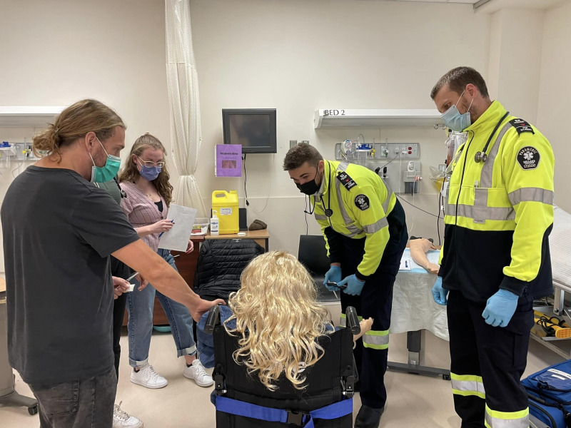 UPEI Nursing and Holland College Paramedicine students carrying out their roles in the "flu clinic" interprofessional simulation lab