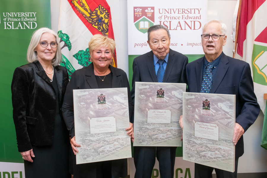 Dr. Wendy Rodgers, president and vice-chancellor of UPEI, with 2024 Founders Vickie Johnston, retired faculty member; Dr. Michael Liu, Professor Emeritus; and Bob Pierce, chair of the Saint Dunstan’s University Board of Governors.