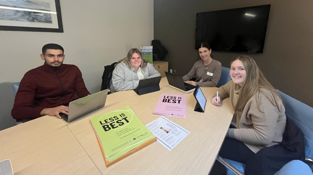 Fourth-year UPEI nursing students involved in the “Less is Best” alcohol reduction campaign: Yahia Ghander, Jessica Perry, Tessa McGuigan, and Sophia MacEachern. 