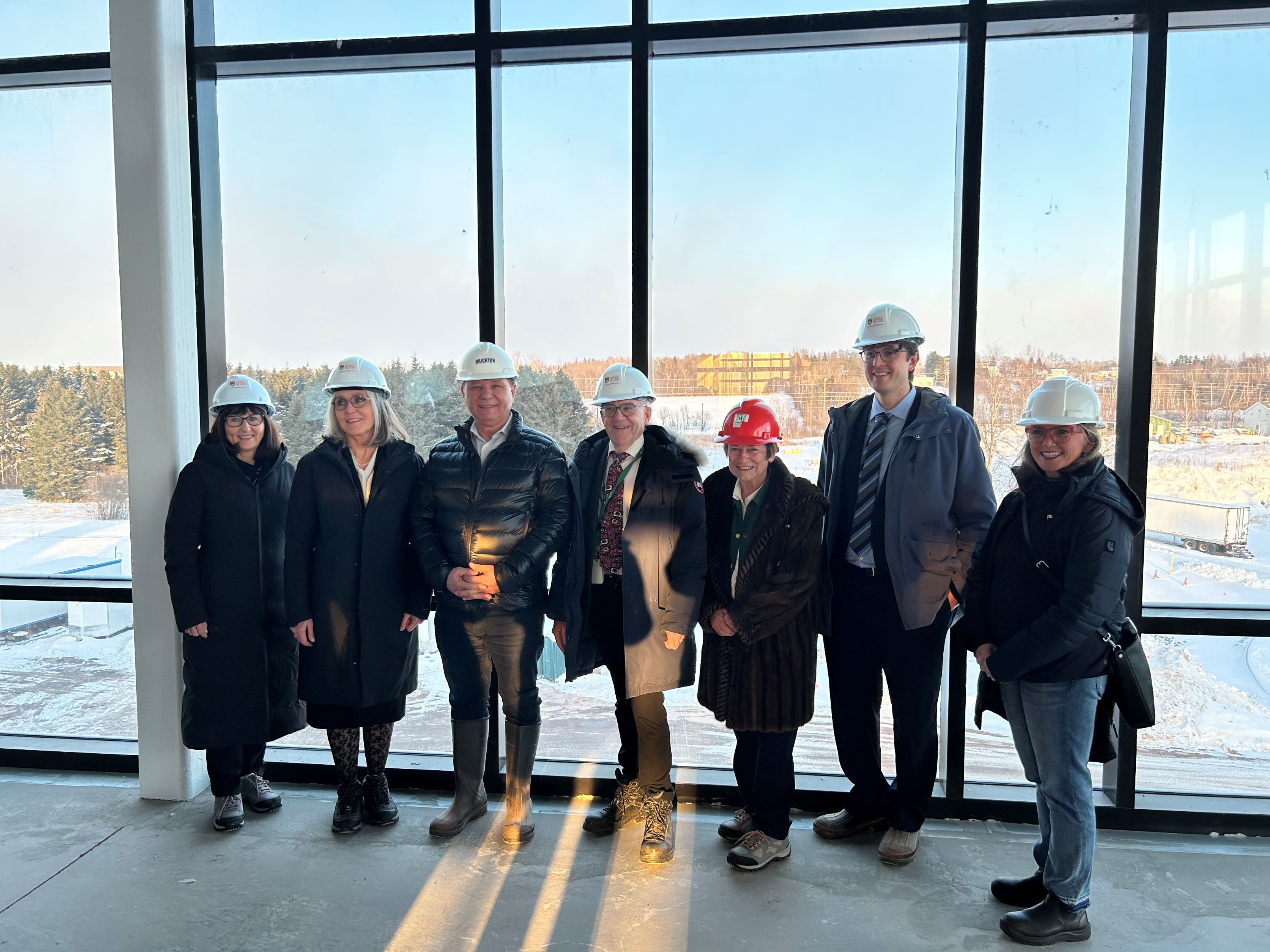 Senator Jane MacAdam, UPEI President Wendy Rodgers, Senator Brian Francis, Dean Preston Smith, Chancellor Diane Griffin, Associate Dean Peter MacPherson, and Senator Mary Robinson at the UPEI Faculty of Medicine and Interprofessional Health Training Centre