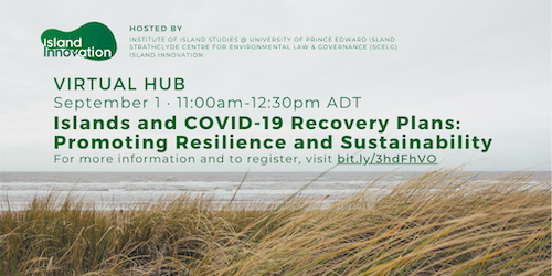 Flyer of the event outlining the title, date and time, and registration link. The text is set in green blocks, and the background image is of beach dune grass with the beach and relatively gentle ocean surf in the distance.