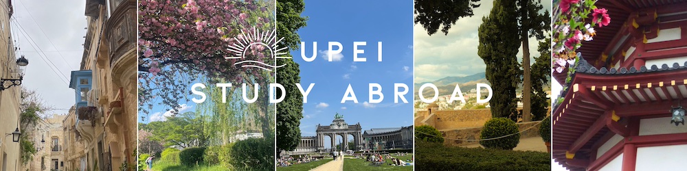 a collage of five images from countries around the world, overlaid text reads UPEI Study Abroad.