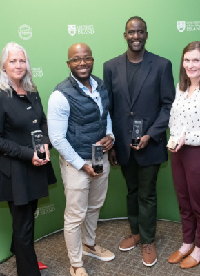 Left to right: Sjors Reijers, president UPEI alumni association; Bernadine Chapman, distinguished alumni award winner; Jonah Tendepi Chininga, James Muhato and Ellen Dixon, inspiring young alumni award winners; and Dr. Wendy Rodgers, president and vice-chancellor of UPEI. (Missing from photo is Hon. Alonzo Wright, distinguished alumni award winner who was unable to attend in person due to court commitments.)