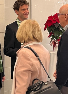 Dr. Wendy Rodgers, UPEI president and vice-chancellor, and Sjors Reijers, president of the UPEI Alumni Association, greet attendees at UPEI's 2025 New Year's Day Levee.