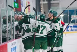 UPEI Men's Hockey Panthers celebrate after a goal against the Acadia Axemen on Oct. 29.