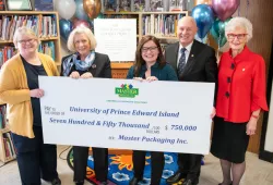 Left to right: Sheryl O’Hanley, principal of Georgetown Elementary School, one of the participating schools; Mary-Jean Irving, CEO of Master Packaging; Emily Cook-McDonald, project manager; Dr. Greg Keefe, interim president and vice-chancellor of UPEI; and the Honourable Catherine Callbeck, chancellor of UPEI.