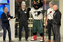 From left: Jay Scotland, Kyle Maksimovich, Pride the Panther, TJ Shea, and event chair Bruce Donaldson promoting the upcoming U-CUP on Compass.