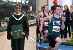 Zach Wilson after receiving his degree during UPEI Convocation on May 18 (left) and competing during a track and field event (right)