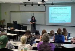 Dr. Debra Titone presents her recent research to UPEI faculty members, student researchers, and future graduate students