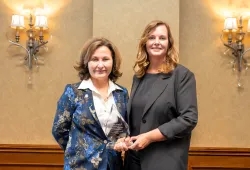 Dr. Dominique Griffon, dean of AVC, presents Dr. Lesley Steele, owner, Steele Veterinary Group (AVC 1993) with the Atlantic Award of Excellence in 2024