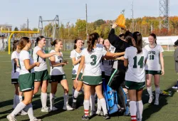 The UPEI Women’s Field Hockey Panthers celebrate as they capture their third straight Atlantic University Field Hockey championship on October 20, 2024. Photo credit: Janessa Vanden Broek. UPEI Women's Field Hockey Panthers