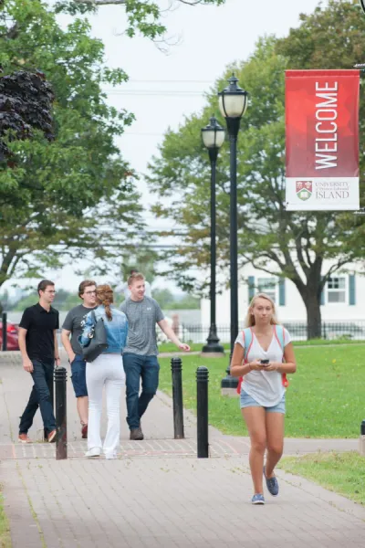 students walking through the UPEI quadrangle on the first day of classes