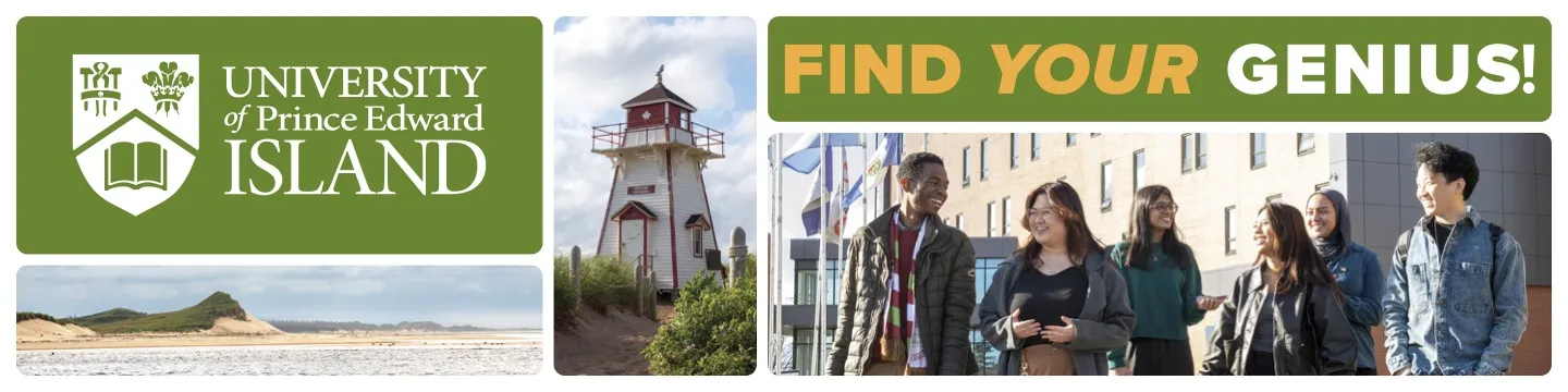 a collage of a beach, lighthouse, and students with the words "Find your genius" in capital letters