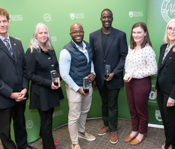 Left to right: Sjors Reijers, president UPEI alumni association; Bernadine Chapman, distinguished alumni award winner; Jonah Tendepi Chininga, James Muhato and Ellen Dixon, inspiring young alumni award winners; and Dr. Wendy Rodgers, president and vice-chancellor of UPEI. (Missing from photo is Hon. Alonzo Wright, distinguished alumni award winner who was unable to attend in person due to court commitments.)